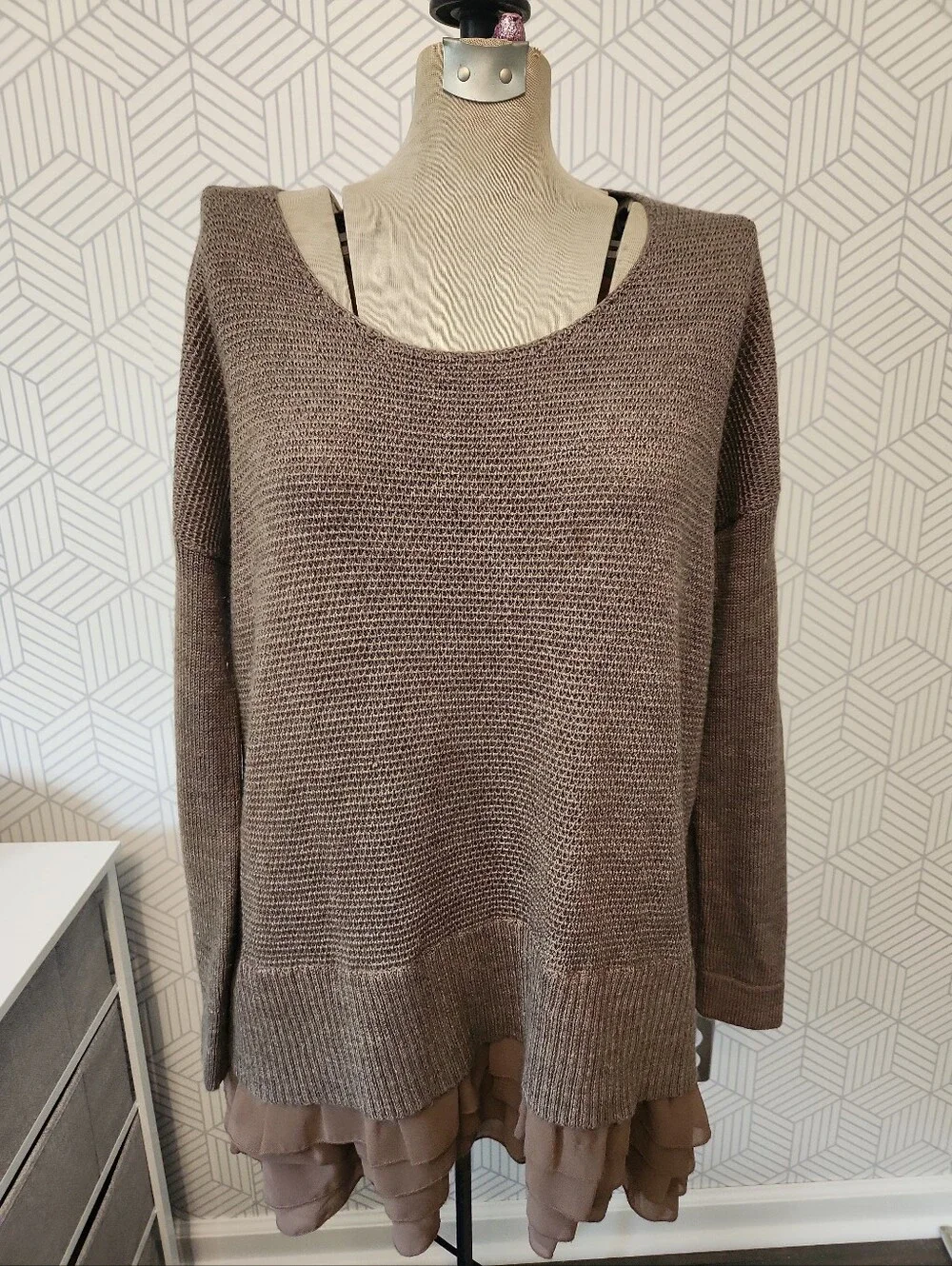 Soft Surroundings Taupe Brown Knit Sweater Ruffle Hem Layered Boho Tunic Large